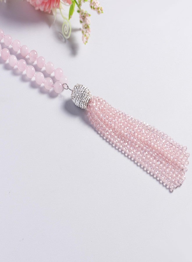 Concise Royal Natural Pink Rose Quartz Necklace for Women, Beaded Long Tassel Pendant Chakra Healing Crystal Necklace - Image 4