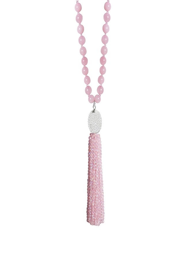 Concise Royal Natural Pink Rose Quartz Necklace for Women, Beaded Long Tassel Pendant Chakra Healing Crystal Necklace - Image 1