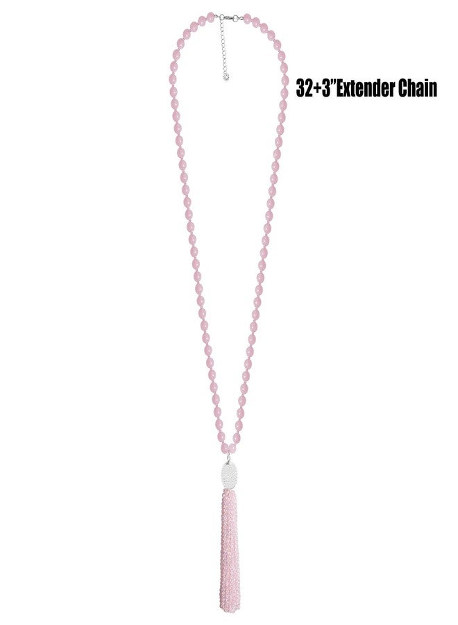 Concise Royal Natural Pink Rose Quartz Necklace for Women, Beaded Long Tassel Pendant Chakra Healing Crystal Necklace - Image 2