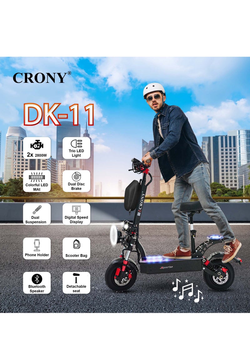 كروني سكوتر كهربائي Dk-11 بمحركين بقوة 2800 واط للبالغين حتى سرعة 95 كيلو/ساعة، بطارية 60 فولت/13 أمبير/ساعة، إطارات 10 بوصات للطرق الوعرة، حمولة 200 كجم، فرامل قرصية مزدوجة، نظام تعليق أمامي وخلفي، مصابيح LED ثلاثية، شاشة LCD كبيرة، منفذ USB، مكبر صوت بلوتوث - لوح تزلج للتنقل في المدينة، إطارات ممتصة للصدمات، دراجة كهربائية معتمدة للسلامة، إطار من الألومنيوم قابل للطي، سكوتر كهربائي متين للتنقل في المناطق الحضرية. - Image 2