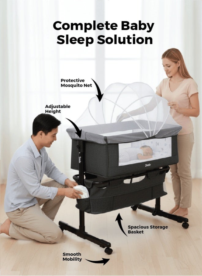 زينيث سرير أطفال 4 في 1، مهد للأطفال، سرير بجانب السرير بعجلات، سرير قابل لتعديل الارتفاع، قابل للطي بسهولة مع مرتبة مريحة، شبك للحماية من البعوض، ومساحة تخزين للرضع/حديثي الولادة – رمادي داكن - Image 2