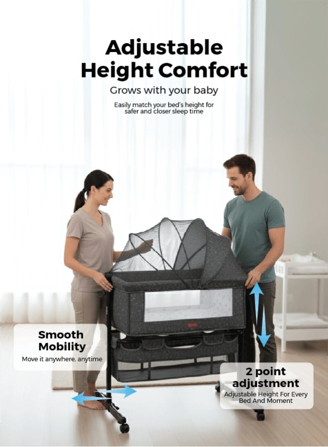 زينيث سرير أطفال 4 في 1، مهد للأطفال، سرير بجانب السرير بعجلات، سرير قابل لتعديل الارتفاع، قابل للطي بسهولة مع مرتبة مريحة، شبك للحماية من البعوض، ومساحة تخزين للرضع/حديثي الولادة – رمادي داكن - Image 5