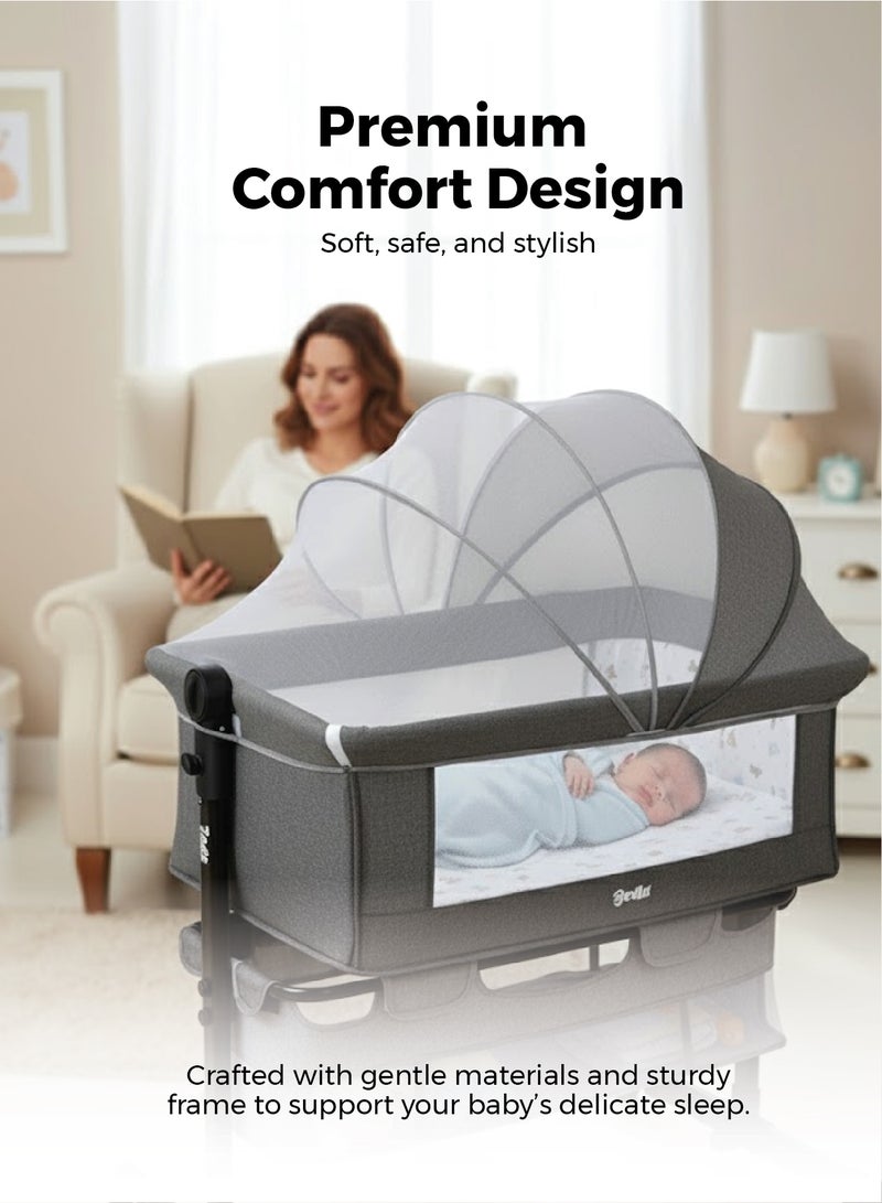 زينيث سرير أطفال 4 في 1، مهد للأطفال، سرير بجانب السرير بعجلات، سرير قابل لتعديل الارتفاع، قابل للطي بسهولة مع مرتبة مريحة، شبك للحماية من البعوض، ومساحة تخزين للرضع/حديثي الولادة – رمادي داكن - Image 5