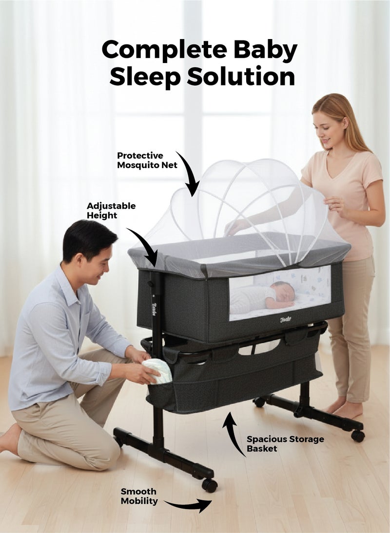 زينيث سرير أطفال 4 في 1، مهد للأطفال، سرير بجانب السرير بعجلات، سرير قابل لتعديل الارتفاع، قابل للطي بسهولة مع مرتبة مريحة، شبك للحماية من البعوض، ومساحة تخزين للرضع/حديثي الولادة – رمادي داكن - Image 2