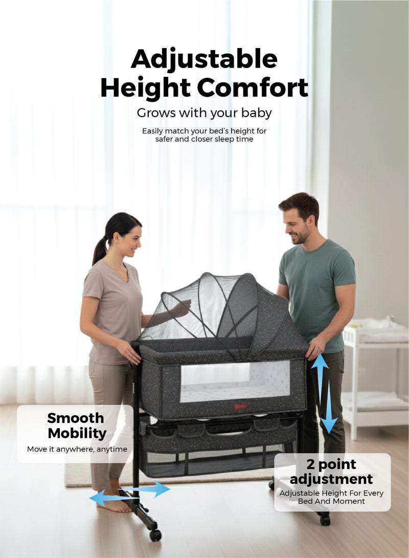 زينيث سرير أطفال 4 في 1، مهد للأطفال، سرير بجانب السرير بعجلات، سرير قابل لتعديل الارتفاع، قابل للطي بسهولة مع مرتبة مريحة، شبك للحماية من البعوض، ومساحة تخزين للرضع/حديثي الولادة – رمادي داكن - Image 4