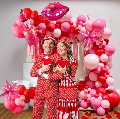 froufing Pink Red Balloon Garland Arch Kit 108 Pcs with Foil Star Lip Balloons for Girl woman birthday Mothers Day Valentine galentines Bridal Shower Engagement Wedding theme party decorations - Image 5