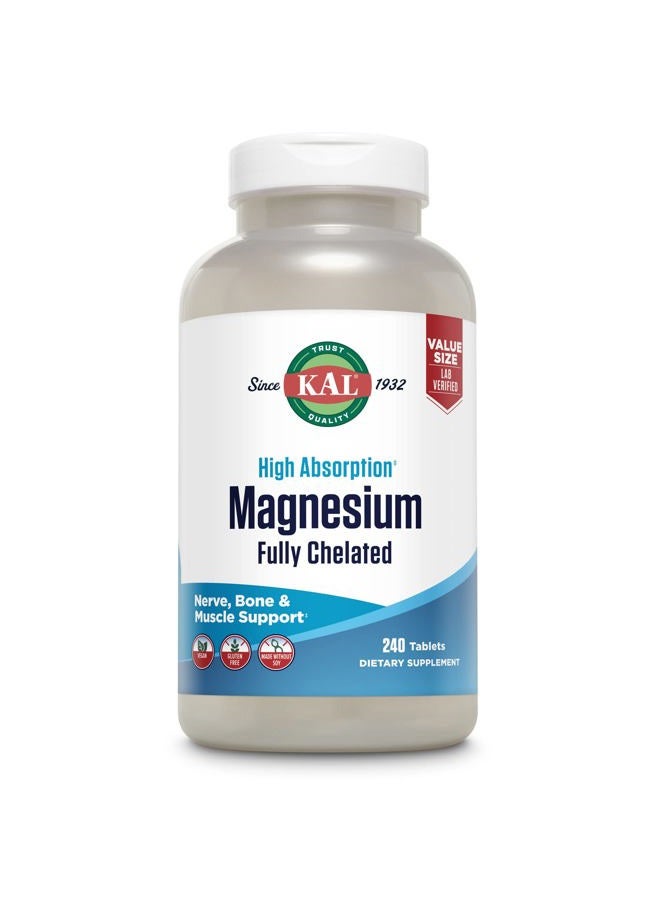 KAL Magnesium Glycinate Tablets, Fully Chelated, High Absorption Formula with Magnesium Bisglycinate Chelate for Nerve, Muscle & Bone Health Support, Vegan, Gluten Free, Value Size, 240 Tablets - Image 1