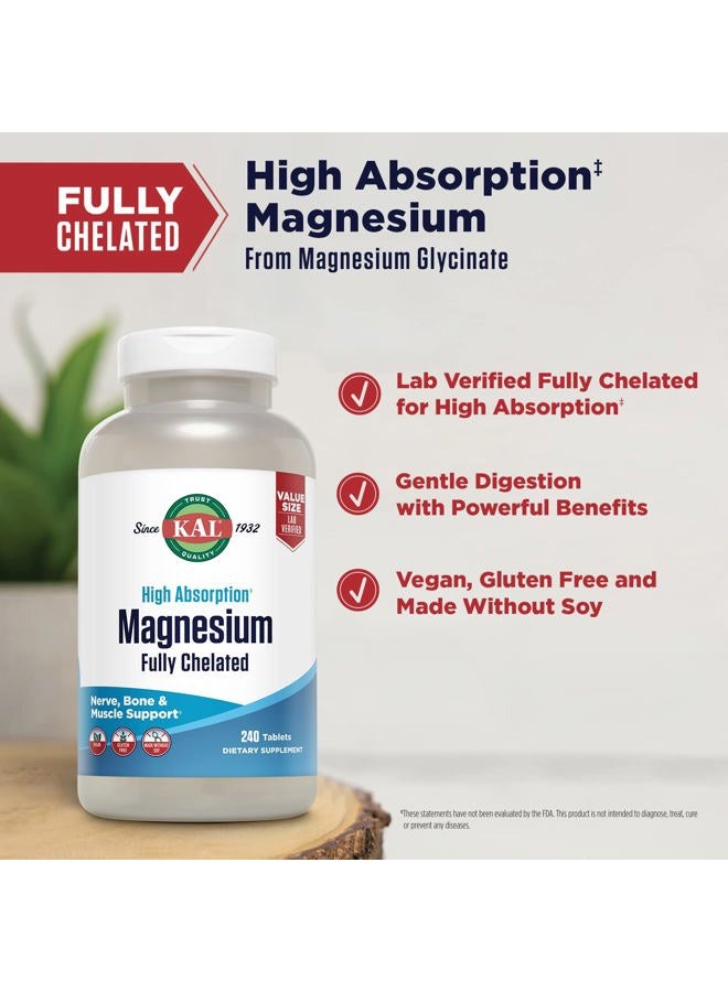 KAL Magnesium Glycinate Tablets, Fully Chelated, High Absorption Formula with Magnesium Bisglycinate Chelate for Nerve, Muscle & Bone Health Support, Vegan, Gluten Free, Value Size, 240 Tablets - Image 4
