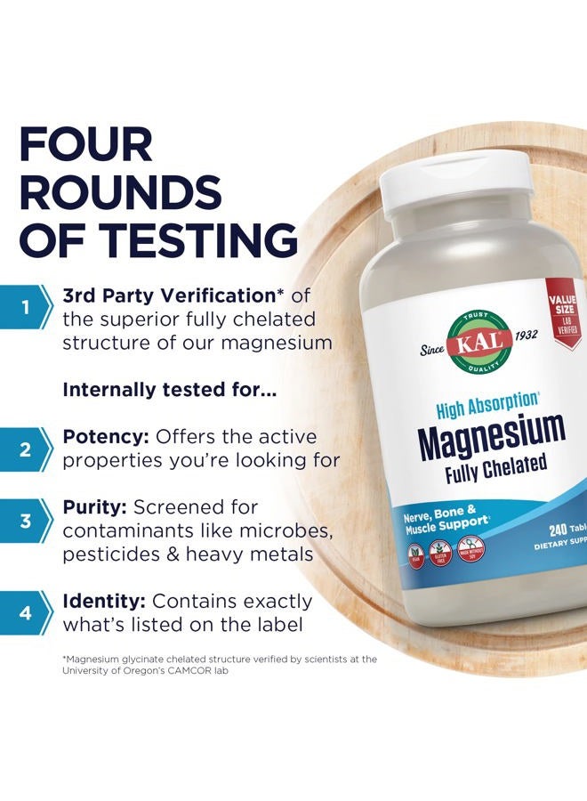 KAL Magnesium Glycinate Tablets, Fully Chelated, High Absorption Formula with Magnesium Bisglycinate Chelate for Nerve, Muscle & Bone Health Support, Vegan, Gluten Free, Value Size, 240 Tablets - Image 5