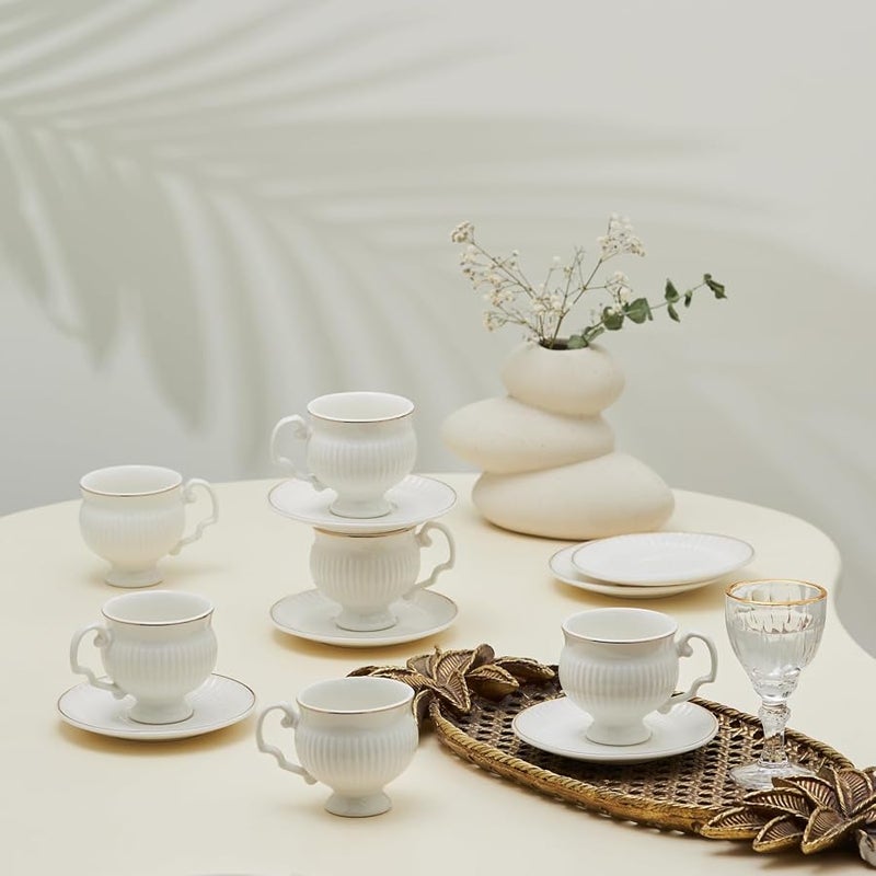 Karaca Porcelain Espresso Cup Set of 6, 12 Piece, 100ml, White Gold, Modern Design - Image 1