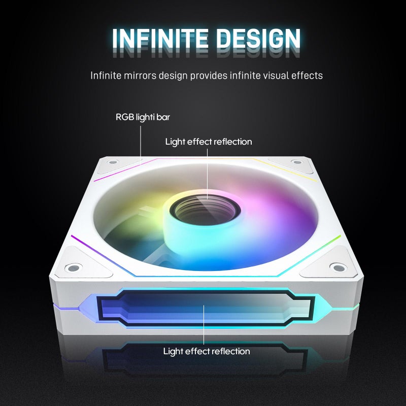DARKROCK R120-2-Pack 120mm Reverse Installed Infinite Mirror Design PC Fan with Addressable RGB Effect, PWM Smart Control and Hydraulic Bearing for Stable Operation - White - Image 4