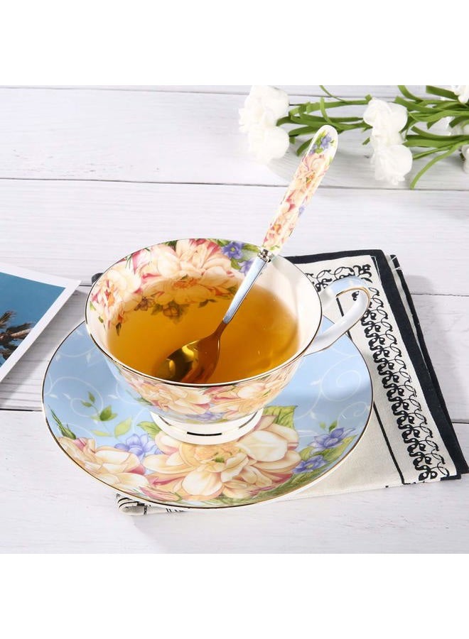 JinGlory Blue Tea Cup,Floral Tea Cup and Saucer Set,Bone China Tea Set,Coffee Cup,Tea Set for Adults/Friends/Women/Men,7OZ - Image 3