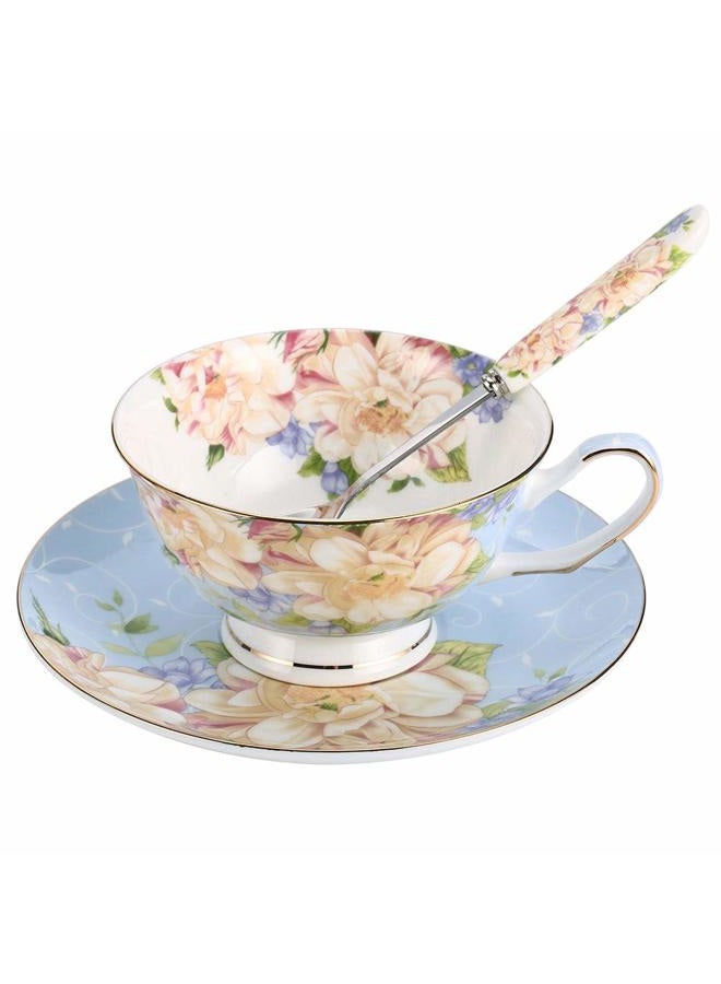 JinGlory Blue Tea Cup,Floral Tea Cup and Saucer Set,Bone China Tea Set,Coffee Cup,Tea Set for Adults/Friends/Women/Men,7OZ - Image 1
