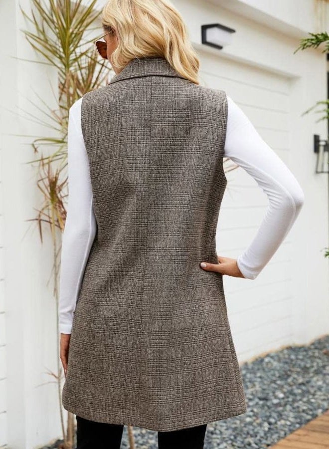 Kedera Women's Single Breasted Long Vest Jacket Casual Sleeveless Pocket Outerwear Longline Trench Coat, Khaki, Large - Image 2