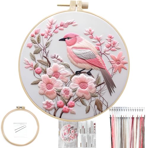 FONNUY Embroidery Kit for Beginners Hummingbird Flowers PreStamped Pattern Kits for Adults with Hoop Easy to Follow Color Thread Needlework 8Hoop Lightpink - Image 1