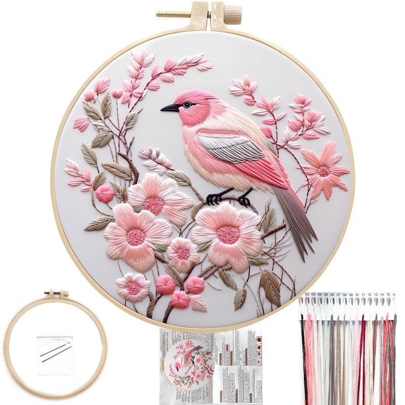 FONNUY Embroidery Kit for Beginners Hummingbird Flowers PreStamped Pattern Kits for Adults with Hoop Easy to Follow Color Thread Needlework 8Hoop Lightpink - Image 3