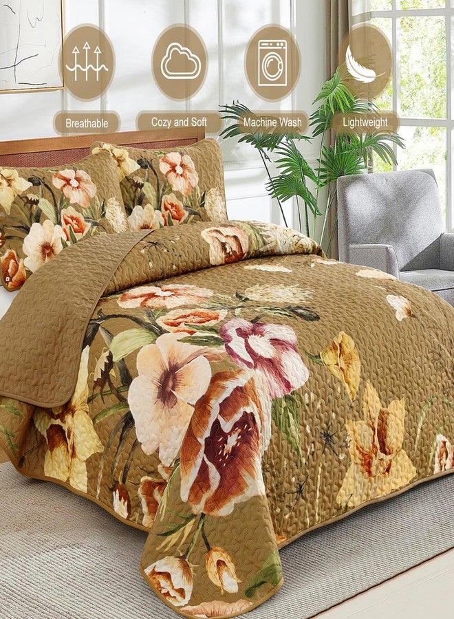 Drucon Brown Floral Quilt Set King Size 3 Pieces Brown Botanical Flower Quilt Coverlet Set Soft Microfiber Lightweight Quilted Bedspread for All Season 104"x90" - Image 2