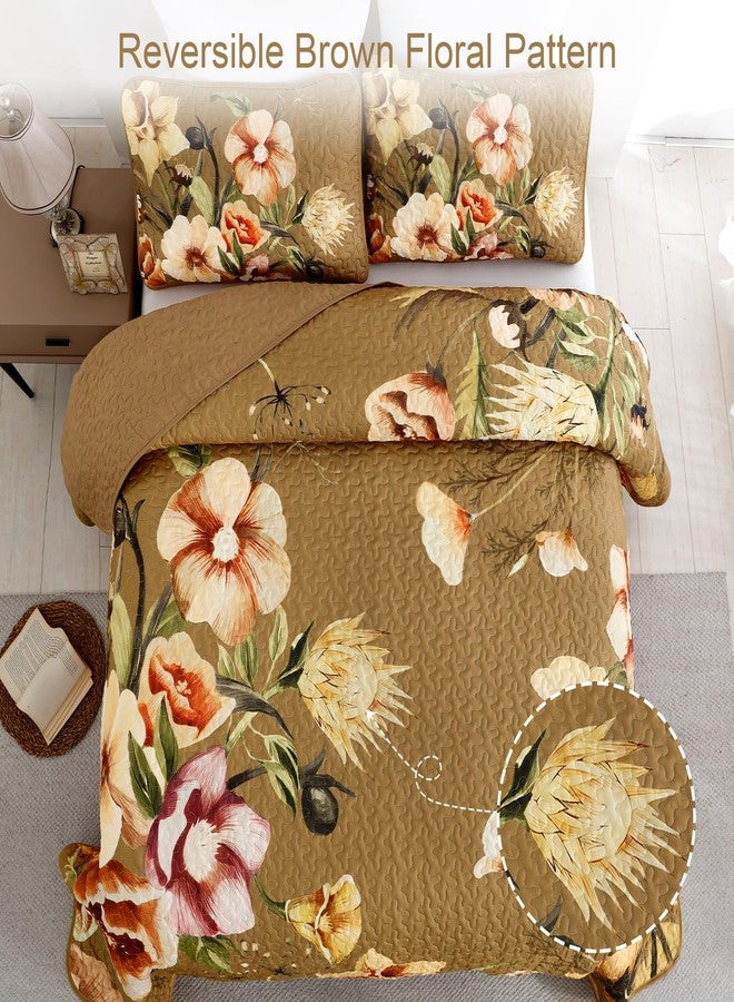 Drucon Brown Floral Quilt Set King Size 3 Pieces Brown Botanical Flower Quilt Coverlet Set Soft Microfiber Lightweight Quilted Bedspread for All Season 104"x90" - Image 3
