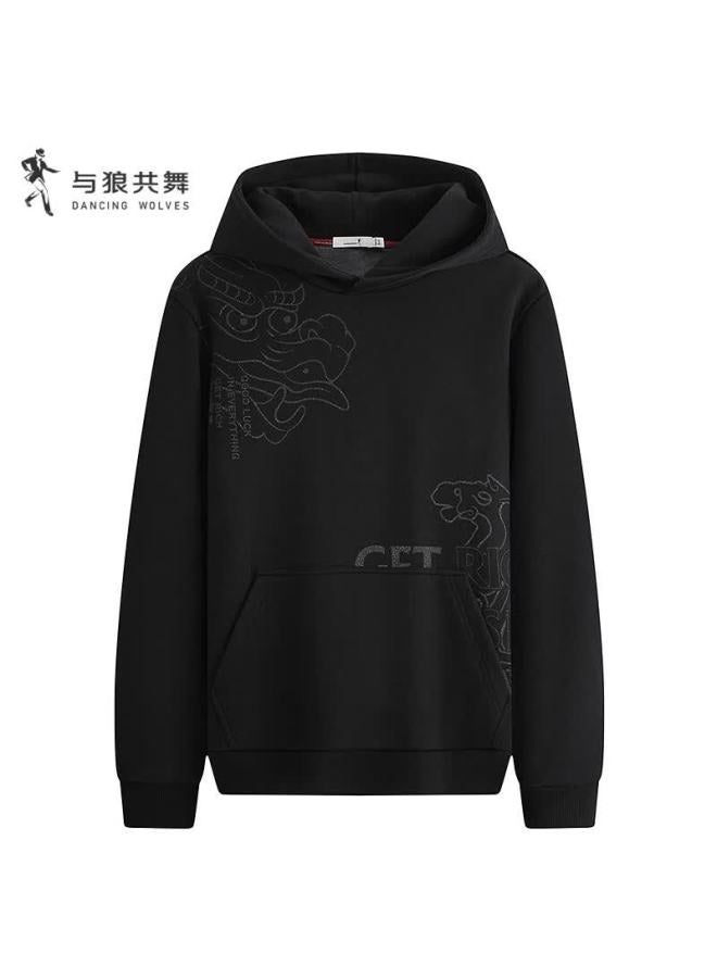 DANCING WOLVES Dance With Wolves Trendy Dragon Horse Spirit Printed Hooded Sweatshirt Warm Antibacterial Pullover 001 Black M - Image 4