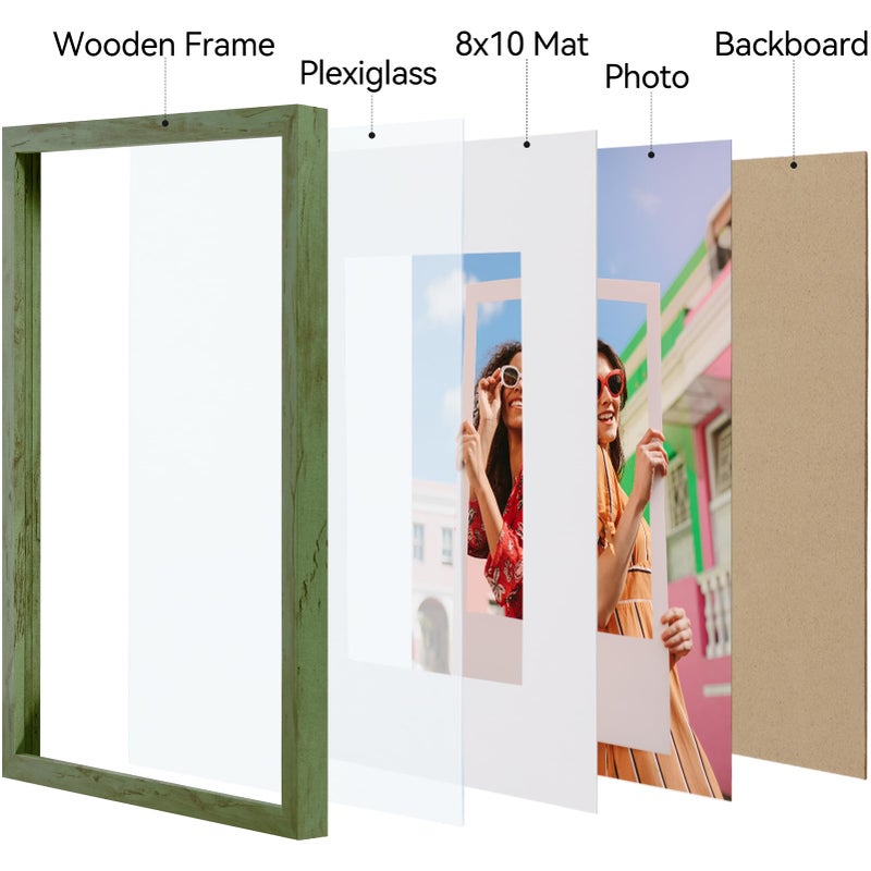 Vittanly 11X14 Picture Frame  Engineered Wood With Shatter Resistant Plexiglass  Display Pictures 8X10 With Mat Or 11X14 Without Mat  Photo Frame For Wall Mounting  Rustic Green  1 Pack - Image 3