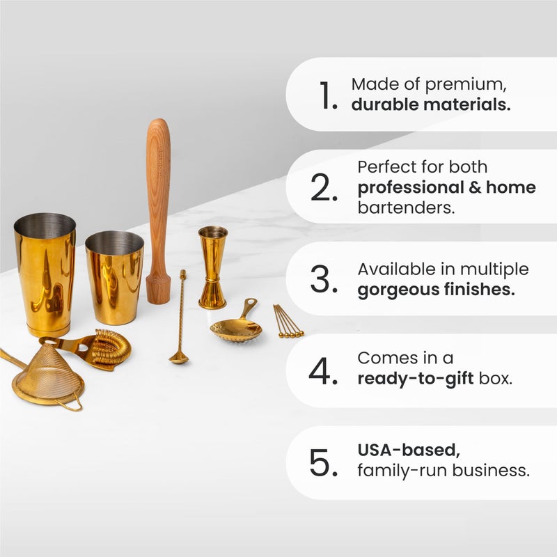A Bar Above 14-Piece Professional Bartender Gift Set, Premium Barware Accessories, for Home Bar, Bartending Gift Kit, Includes Shaker, Jigger, Strainers, and More - Image 4