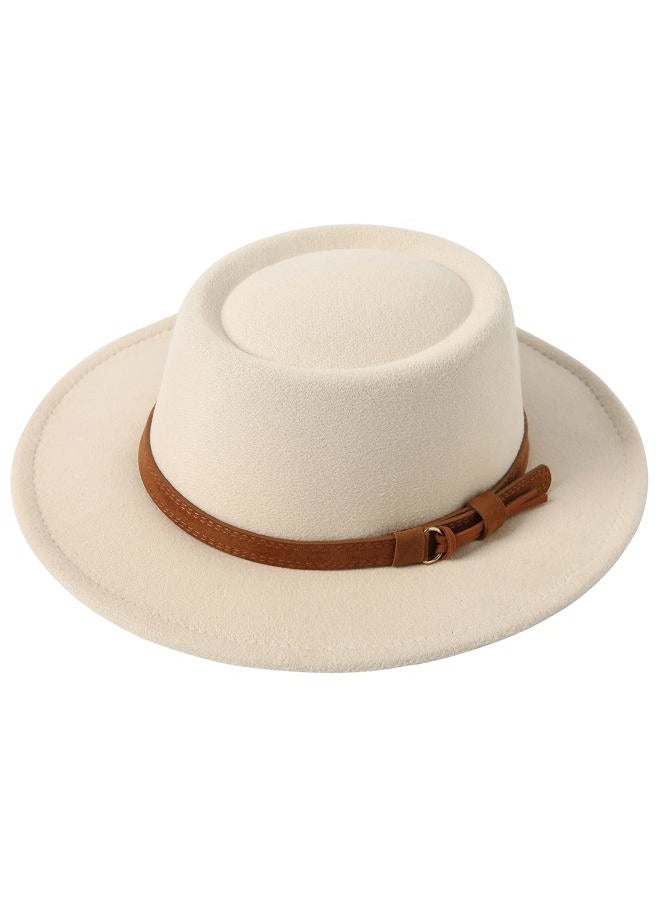 Lanzom Women Vintage Wide Brim Warm Wool Fedora Hat Belt Panama Hat Felt Jazz Hat (B-Beige, Medium) - Image 1