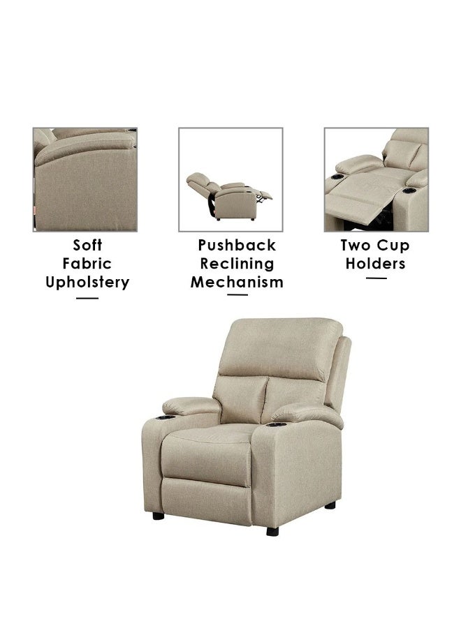 DANUBE HOME Mystic 1 Seater Fabric Pushback Recliner With Cup Holder | Accent Chair I Modern Design One Seat Sofas | Comfortable Living Room Furniture L 83 x W 93 x H 103 cm - Khaki - Image 3