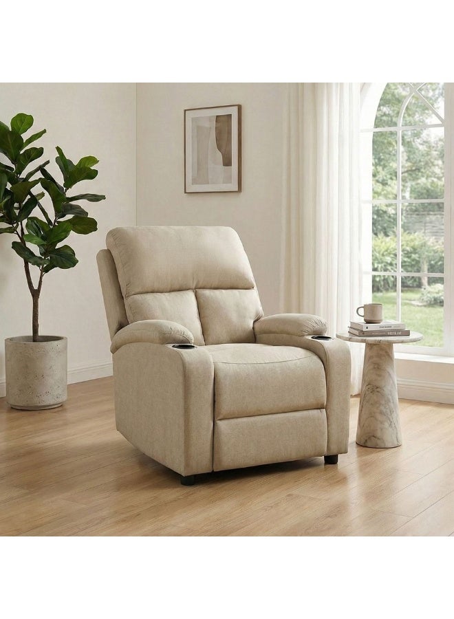 DANUBE HOME Mystic 1 Seater Fabric Pushback Recliner With Cup Holder | Accent Chair I Modern Design One Seat Sofas | Comfortable Living Room Furniture L 83 x W 93 x H 103 cm - Khaki - Image 1