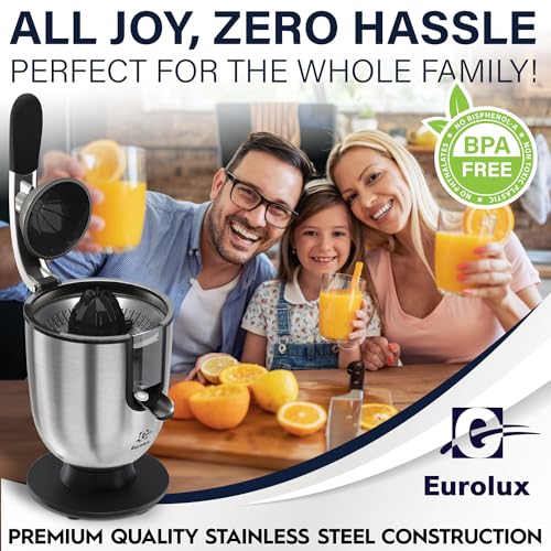 EUROLUX عصارة البرتقال الكهربائية الممتازة من يورولكس | عصارة الحمضيات المصنوعة من الفولاذ المقاوم للصدأ مع محرك قوي للغاية ومقبض مريح لعصر سهل، إيقاف تلقائي، أجزاء آمنة في غسالة الصحون، تحكم في اللب - Image 5