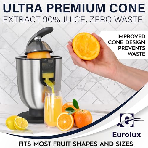 EUROLUX عصارة البرتقال الكهربائية الممتازة من يورولكس | عصارة الحمضيات المصنوعة من الفولاذ المقاوم للصدأ مع محرك قوي للغاية ومقبض مريح لعصر سهل، إيقاف تلقائي، أجزاء آمنة في غسالة الصحون، تحكم في اللب - Image 4