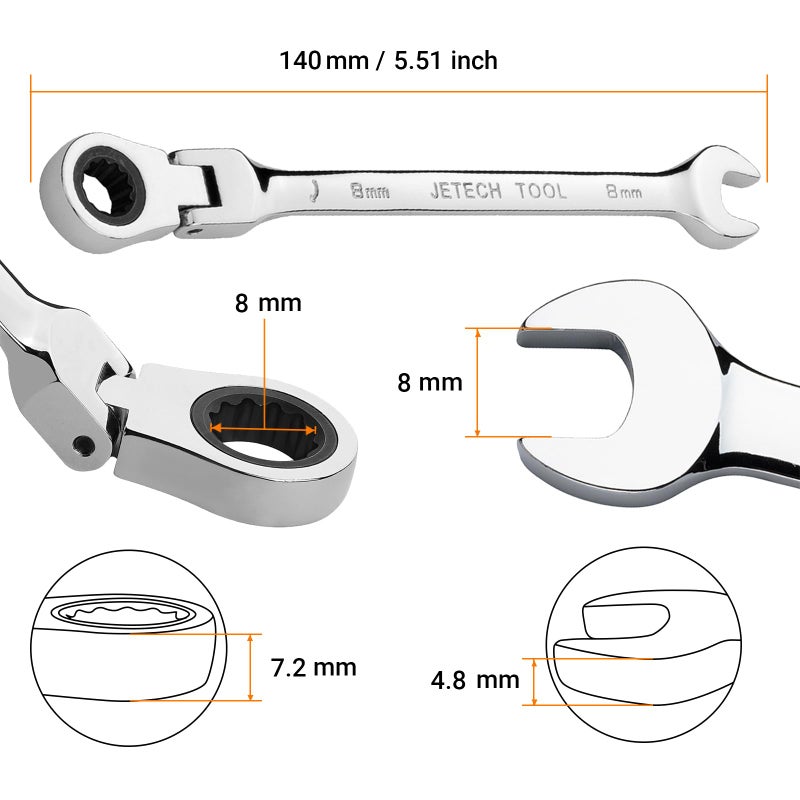 Jetech 8mm Flexible Head Ratchet Wrench, Industrial Grade Cr-V Steel, 12 Point, Off Corner Design, 72 Tooth Ratchet, 180 Degree Flexible Box End - Image 2