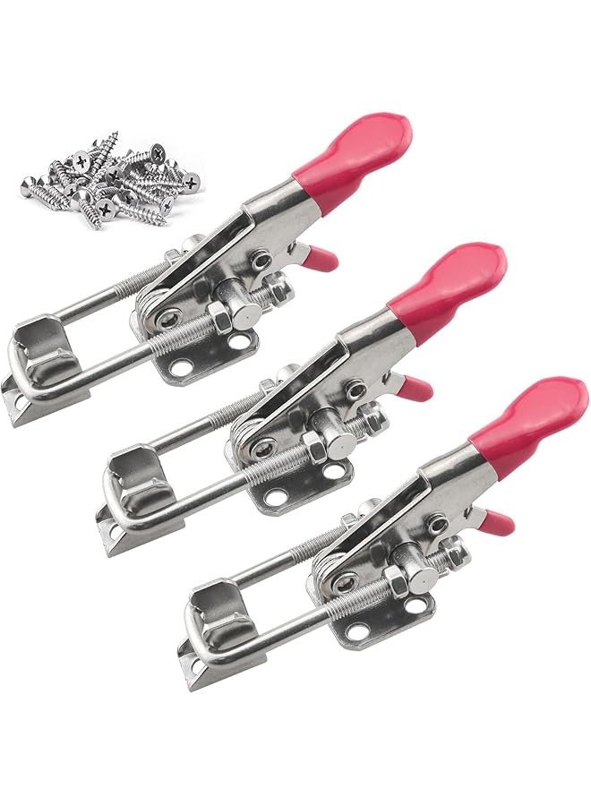 promass 3 Pack Stainless Steel Adjustable Toggle Locking Clasp Latch, Heavy Duty Holding Capacity U Bolt Latch with Anti-slip Hand Grip for Woodworking Jigs, Tool Box, Cabinet, Include 20 Pcs Screw