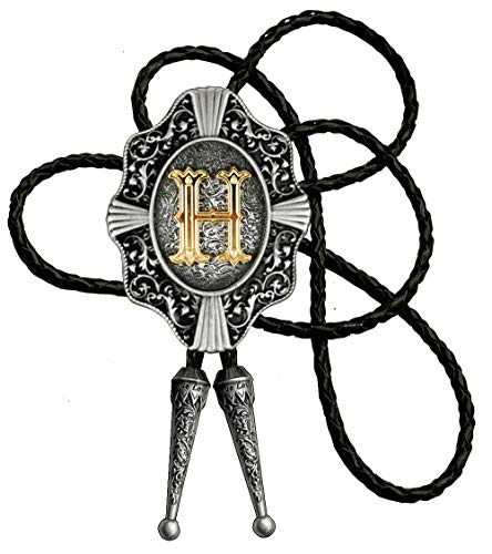 Moranse Golden Initial Letters in Flower Nursery Cowboy Bolo Tie with Cowhide Rope (H Silver, Silver Style) - Image 4