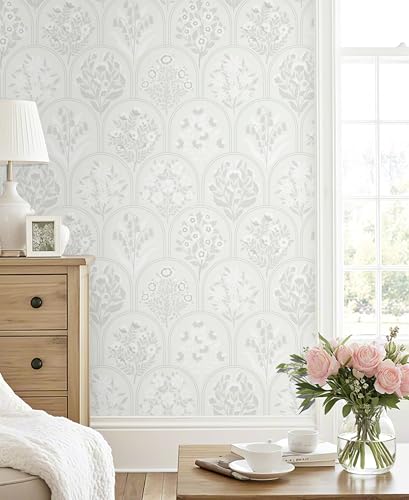 Guvana Boho Peel and Stick Wallpaper Modern Removable Self Adhesive Wall Paper for Bathroom Farmhouse Floral Wallpaper for Bedroom Grey and White Geometric Contact Paper Vinyl Rolls 78.7''x17.3'' - Image 2