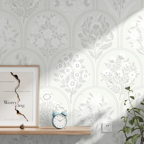 Guvana Boho Peel and Stick Wallpaper Modern Removable Self Adhesive Wall Paper for Bathroom Farmhouse Floral Wallpaper for Bedroom Grey and White Geometric Contact Paper Vinyl Rolls 78.7''x17.3'' - Image 1