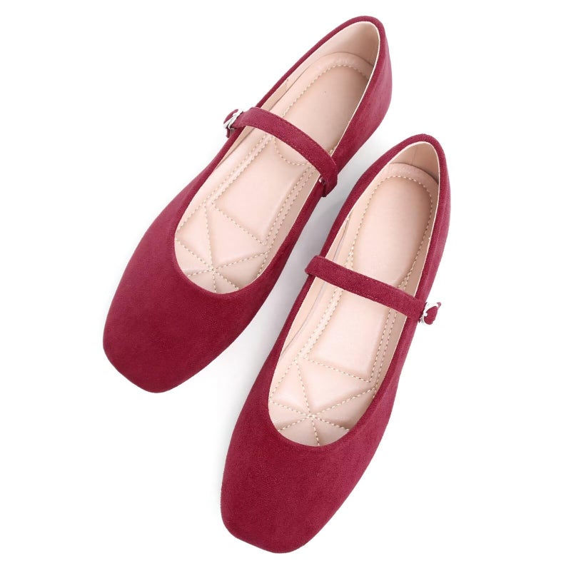 Stunner Womens Mary Jane Ballet Flats Fashion Square Toe Ankle Strap Flats Comfortable Casual Slip On Dress Shoes Wine red 4310