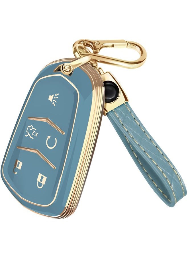 Lucrum for Cadillac Escalade Key Fob Cover and Leather Keychain, 5 Buttons Key Case for ATS, CTS, CT6, SRX, XT4, XT5, XT6 - 2015-2023 Keyfob Cover for HYQ2AB - Blue and Gold - Image 1