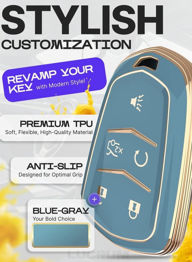 Lucrum for Cadillac Escalade Key Fob Cover and Leather Keychain, 5 Buttons Key Case for ATS, CTS, CT6, SRX, XT4, XT5, XT6 - 2015-2023 Keyfob Cover for HYQ2AB - Blue and Gold - Image 3