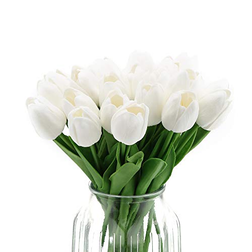 IPOPU 24PCS White Tulips Artificial Flowers Real Touch Tulips Flowers White Fake Tulips Flowers for Home Table Decoration Wedding Bouquet Party Baby Shower Centerpieces Bridal Bouquet Decor (White) - Image 1