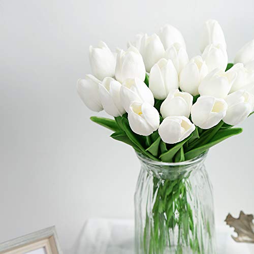 IPOPU 24PCS White Tulips Artificial Flowers Real Touch Tulips Flowers White Fake Tulips Flowers for Home Table Decoration Wedding Bouquet Party Baby Shower Centerpieces Bridal Bouquet Decor (White) - Image 2