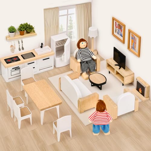 Toyssa Dollhouse Furniture Set 36PCS Beech Wood and Plastic Miniature Doll House Accessories with Modern 5 Rooms 4 Flexible Family Dolls Pretend Play Toys Birthday Gift for Toddlers 3 4 5 6 - Image 5