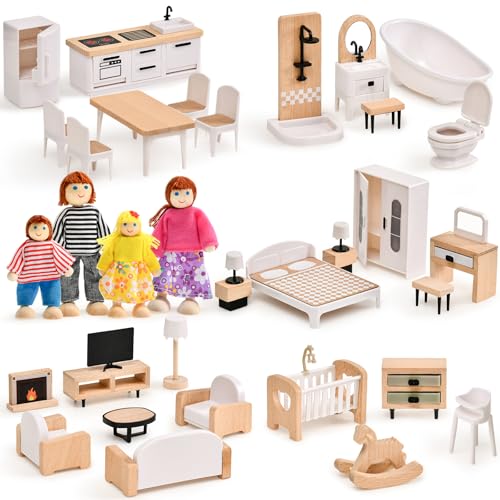 Toyssa Dollhouse Furniture Set 36PCS Beech Wood and Plastic Miniature Doll House Accessories with Modern 5 Rooms 4 Flexible Family Dolls Pretend Play Toys Birthday Gift for Toddlers 3 4 5 6 - Image 1