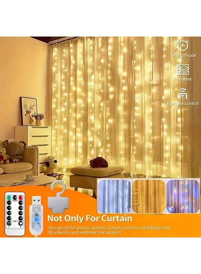 Warm White LED Curtain Lights 2Pcs Remote 8 Modes Indoor Decor - Image 1