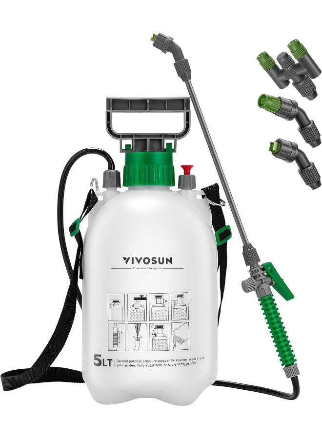 VIVOSUN 1.3 Gallon Pump Pressure Sprayer, 5L Pressurized Lawn And Garden Water Spray Bottle With 3 Water Nozzles, Adjustable Shoulder Strap, Pressure Relief Valve, For Plants And Cleaning  - Image 5