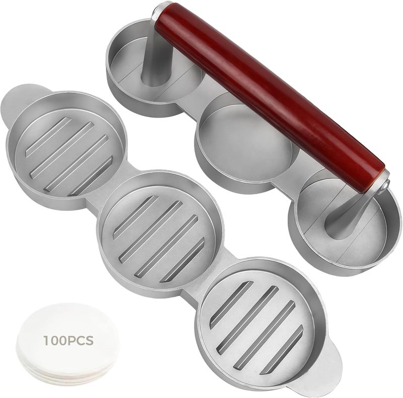 Burger Press, 3-Grid Aluminum Alloy Patty Mold for DIY Hamburger, 100 Pcs Paper Liners, Wooden Handle, Non-Stick, Great for BBQ and Homemade Burgers, Outdoor Cooking - Image 1