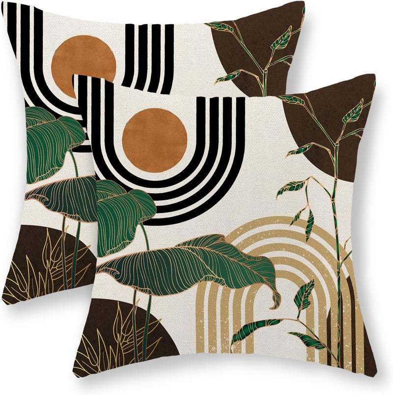 JEFERSO Boho Brown Pillow Covers 20x20 Set of 2 Gold Leaf Tropical Mid Century Throw Pillows Outdoor Bohemian Abstract Modern Decorative Pillowcase Farmhouse Linen Cushion Case for Couch Sofa Decor - Image 1