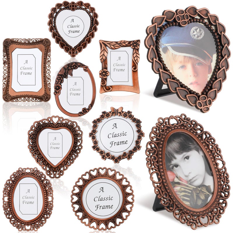 Qunclay 8 Pcs 1"x1" Mini Vintage Picture Frame Tiny Metal Picture Frames Antique Mini Frame Wallet for Christmas Tabletop and Wall Display Old Fashioned Photo Gallery Art Decor - Image 1