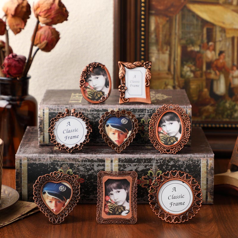 Qunclay 8 Pcs 1"x1" Mini Vintage Picture Frame Tiny Metal Picture Frames Antique Mini Frame Wallet for Christmas Tabletop and Wall Display Old Fashioned Photo Gallery Art Decor - Image 4