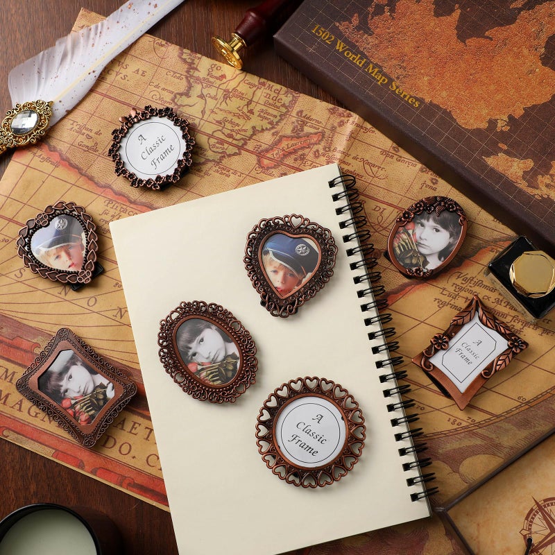 Qunclay 8 Pcs 1"x1" Mini Vintage Picture Frame Tiny Metal Picture Frames Antique Mini Frame Wallet for Christmas Tabletop and Wall Display Old Fashioned Photo Gallery Art Decor - Image 3