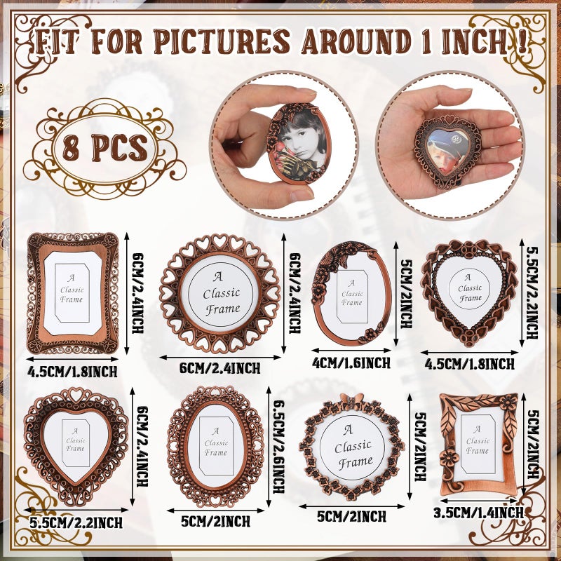 Qunclay 8 Pcs 1"x1" Mini Vintage Picture Frame Tiny Metal Picture Frames Antique Mini Frame Wallet for Christmas Tabletop and Wall Display Old Fashioned Photo Gallery Art Decor - Image 2